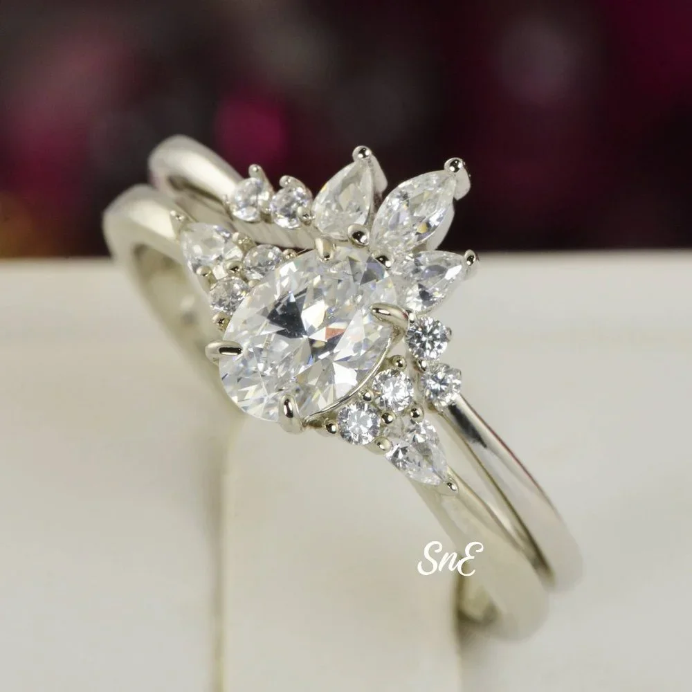 NEW 925 OVAL DIAMOND CUT WEDDING BAND ENGAGEMENT RINGS SET - Picture 1 of 6